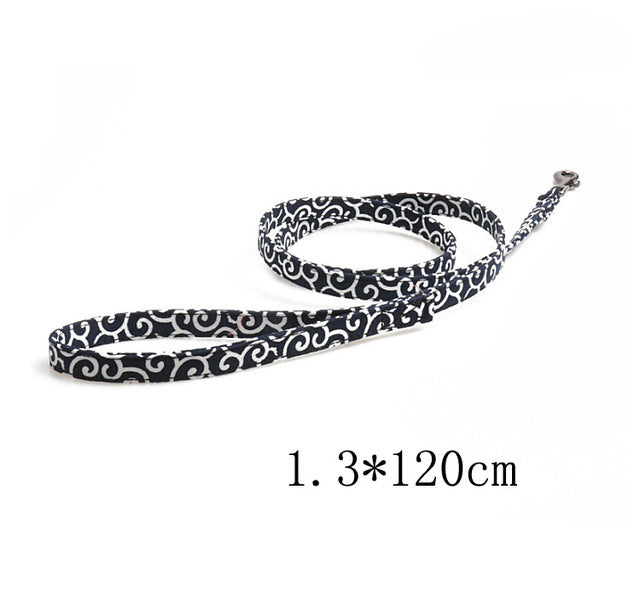 JMT-155530 Denim Blue Floral Design Adjustable Dog Collar with Metal Buckle and Leash