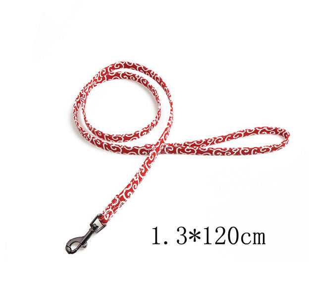 JMT-155530 Denim Blue Floral Design Adjustable Dog Collar with Metal Buckle and Leash