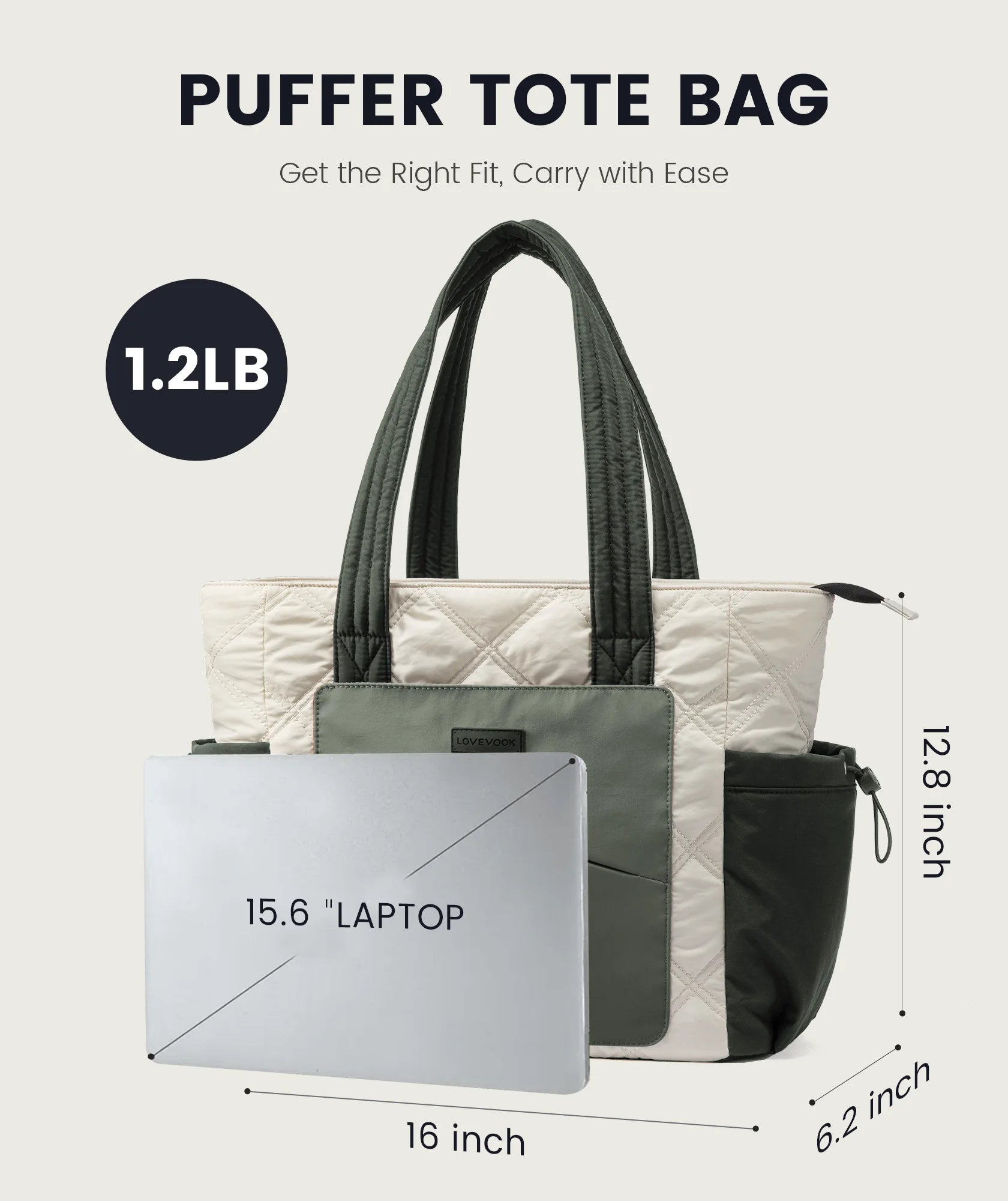 JMT-158154 Lightweight 15.6 in Quilted Laptop Tote Bag - Foldable Work Organizer and Travel Shoulder Bag for Women
