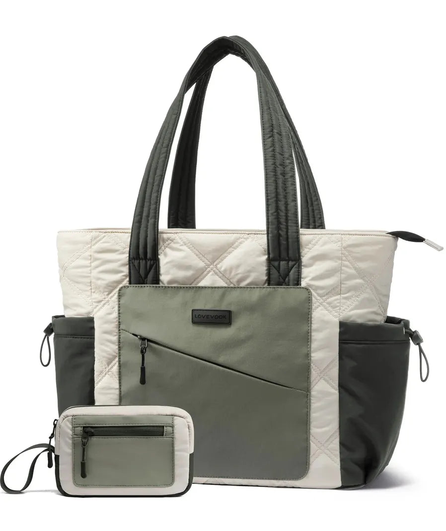JMT-158154 Lightweight 15.6 in Quilted Laptop Tote Bag - Foldable Work Organizer and Travel Shoulder Bag for Women