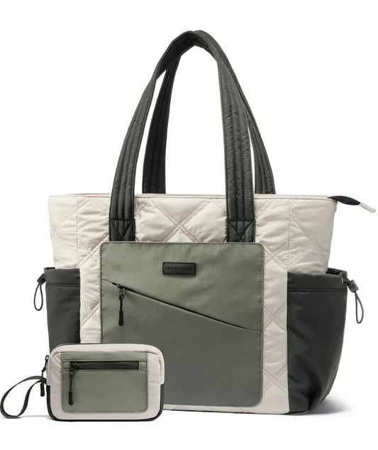 JMT-158154 Lightweight 15.6 in Quilted Laptop Tote Bag - Foldable Work Organizer and Travel Shoulder Bag for Women