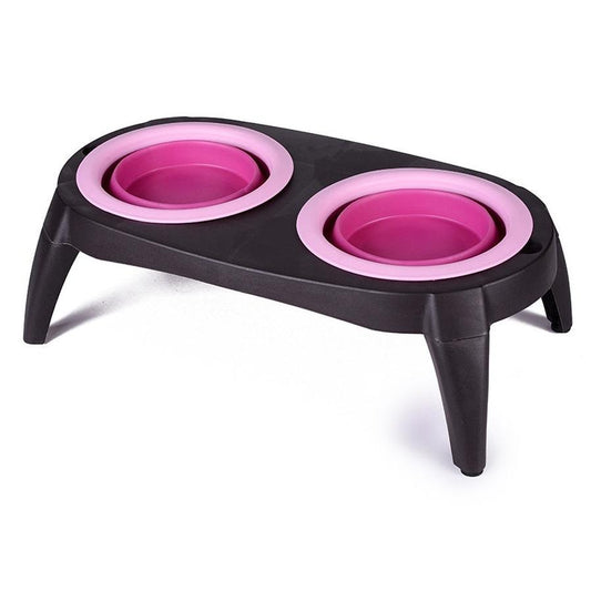 JMT-158346 Folding Double Dog Bowl Feeder - Blue & Pink TPR and PP Pet Tableware