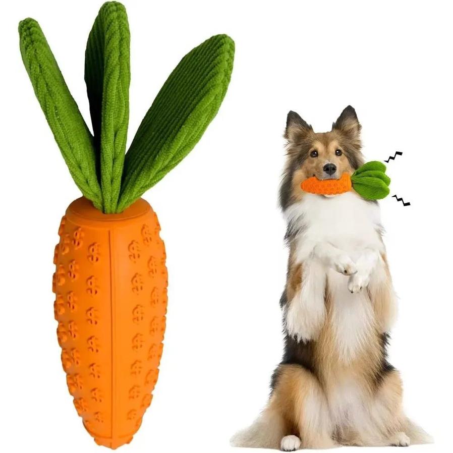 JMT-158474 Durable Rubber and Plush Carrot Dog Chew Toy with Squeaker for Boredom Chewers