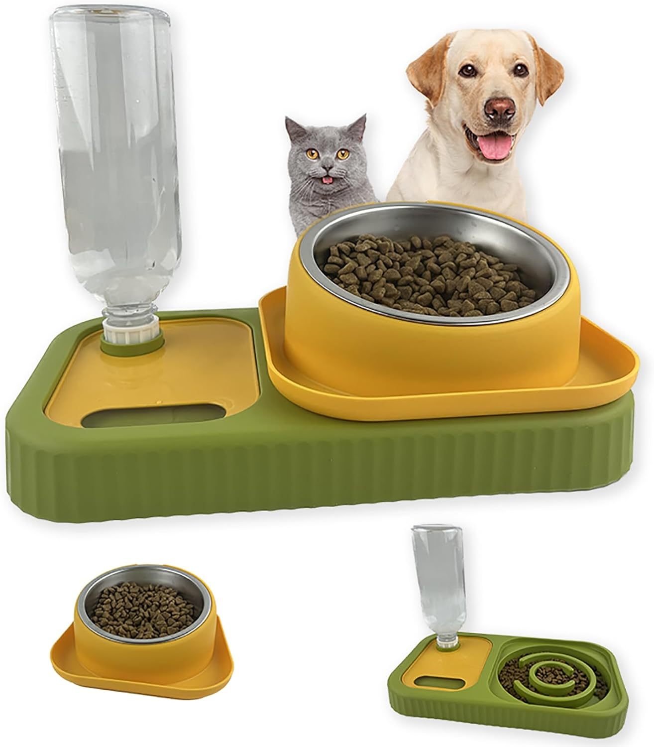 JMT-159306 Elevated Cat and Dog Food and Water Bowl Set with Stainless Steel Slow Feeder and Automatic Gravity Water Dispenser