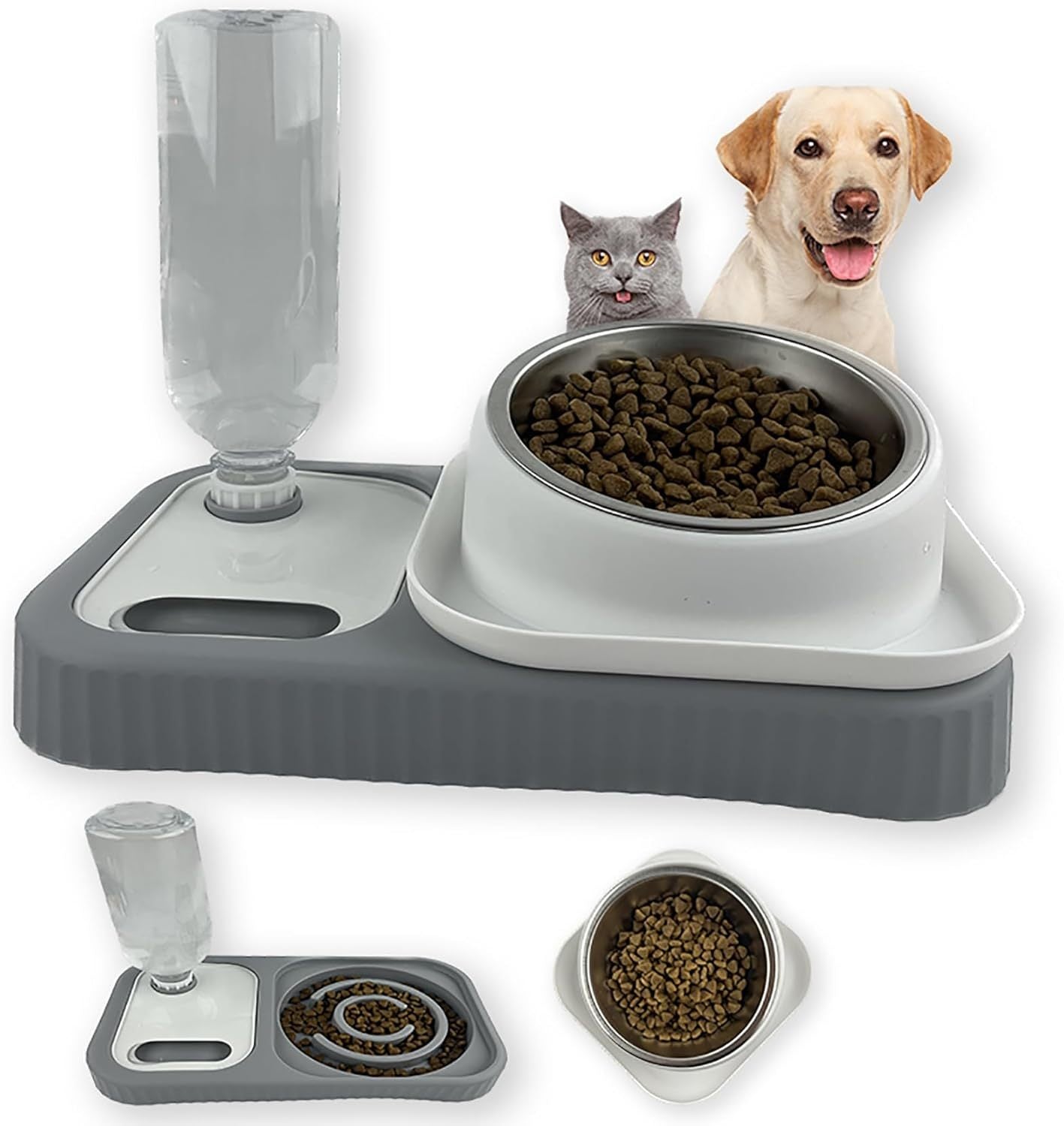JMT-159306 Elevated Cat and Dog Food and Water Bowl Set with Stainless Steel Slow Feeder and Automatic Gravity Water Dispenser