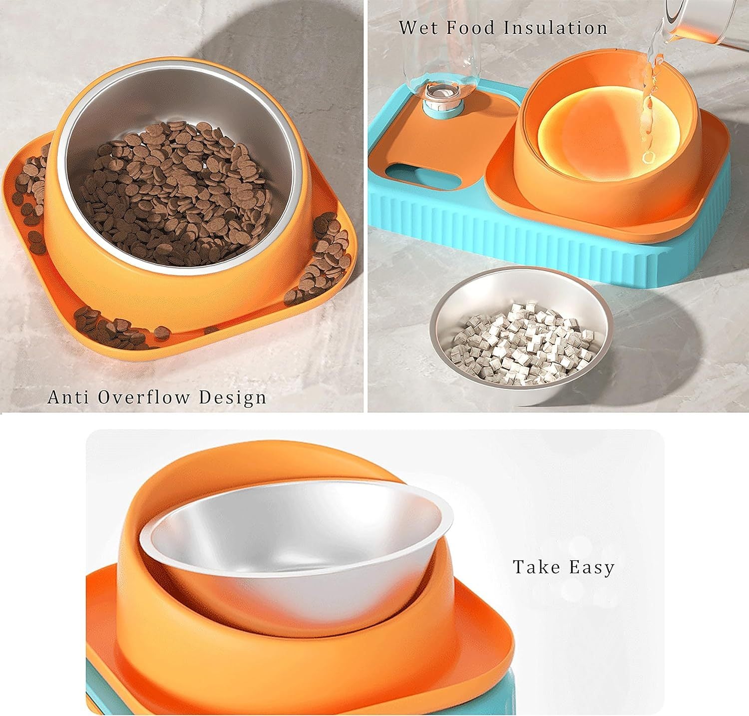 JMT-159306 Elevated Cat and Dog Food and Water Bowl Set with Stainless Steel Slow Feeder and Automatic Gravity Water Dispenser
