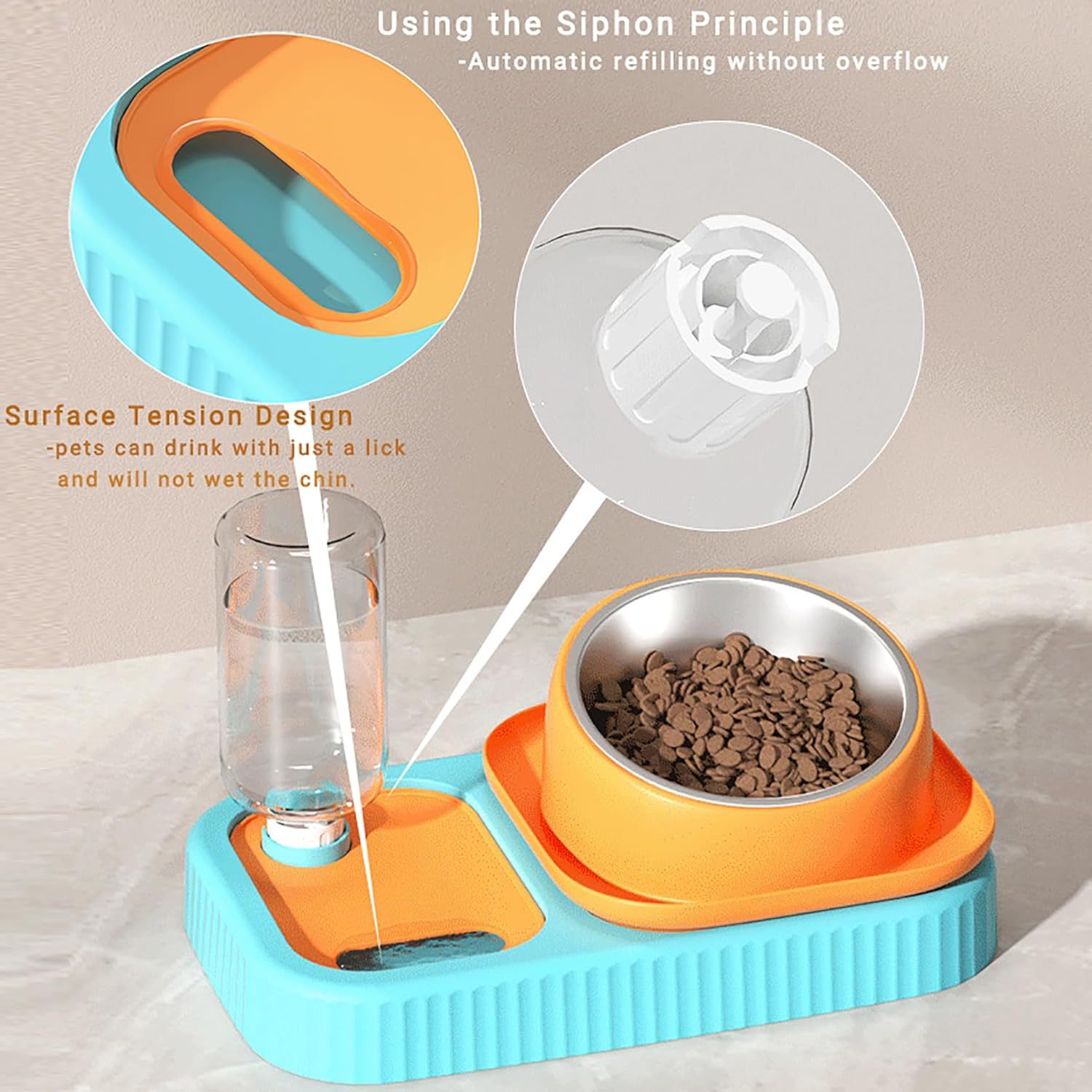 JMT-159306 Elevated Cat and Dog Food and Water Bowl Set with Stainless Steel Slow Feeder and Automatic Gravity Water Dispenser