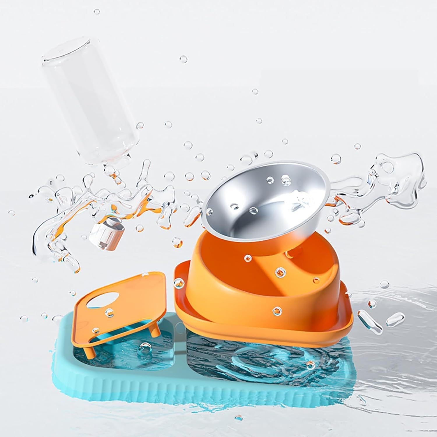 JMT-159306 Elevated Cat and Dog Food and Water Bowl Set with Stainless Steel Slow Feeder and Automatic Gravity Water Dispenser