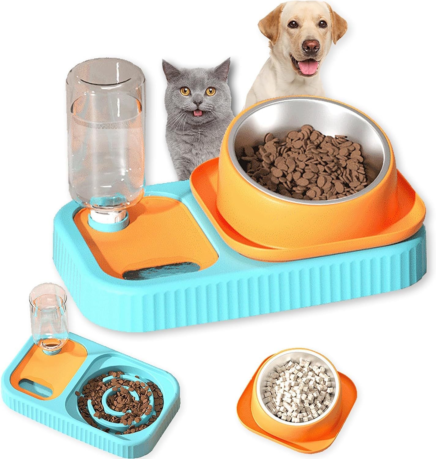 JMT-159306 Elevated Cat and Dog Food and Water Bowl Set with Stainless Steel Slow Feeder and Automatic Gravity Water Dispenser