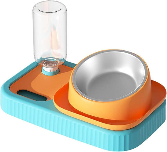JMT-159306 Elevated Cat and Dog Food and Water Bowl Set with Stainless Steel Slow Feeder and Automatic Gravity Water Dispenser