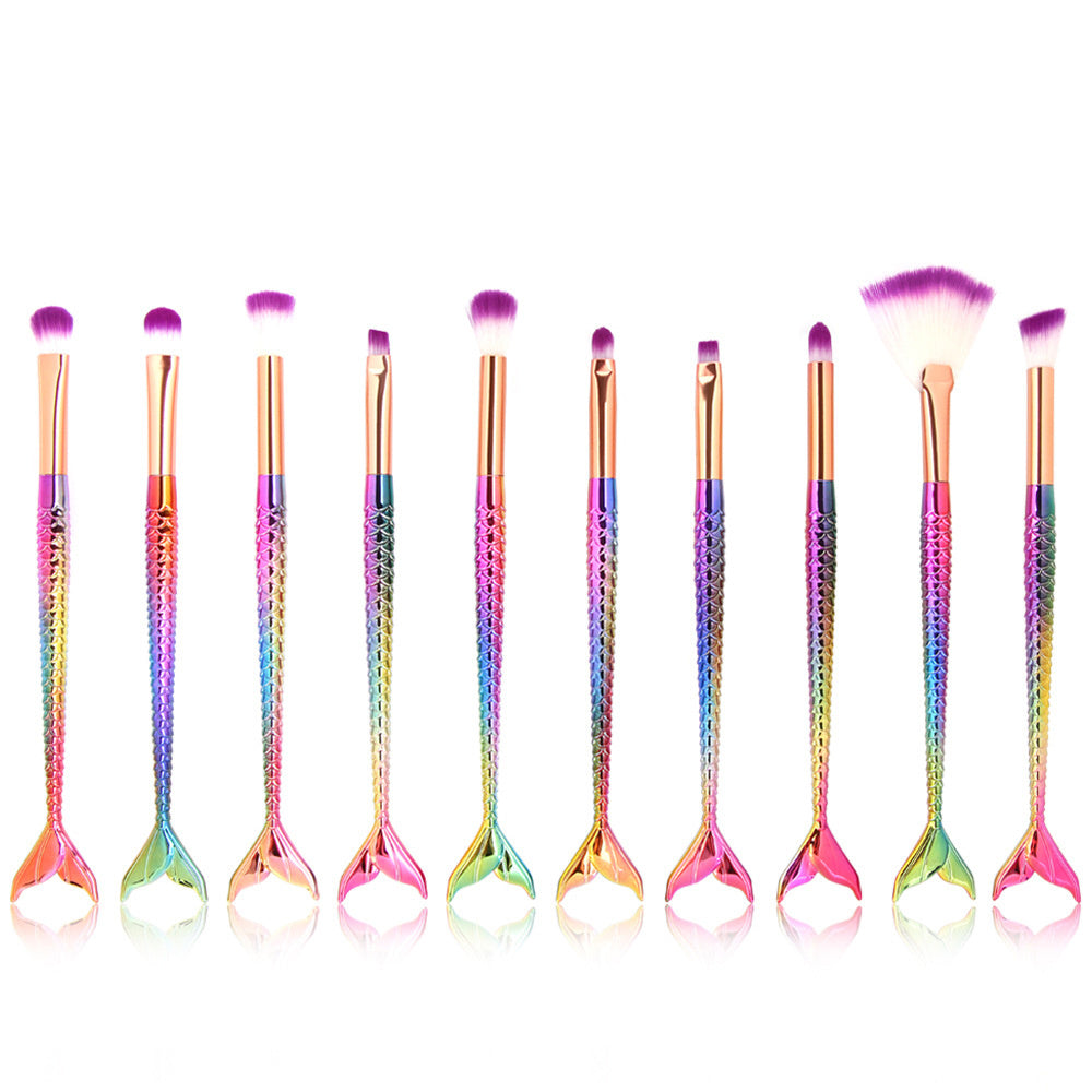 JMT-159754 Colorful Mermaid Makeup Brush Set with 10 Nylon Brushes for Eye Makeup