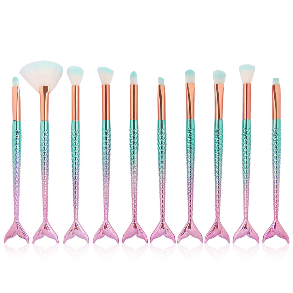 JMT-159754 Colorful Mermaid Makeup Brush Set with 10 Nylon Brushes for Eye Makeup