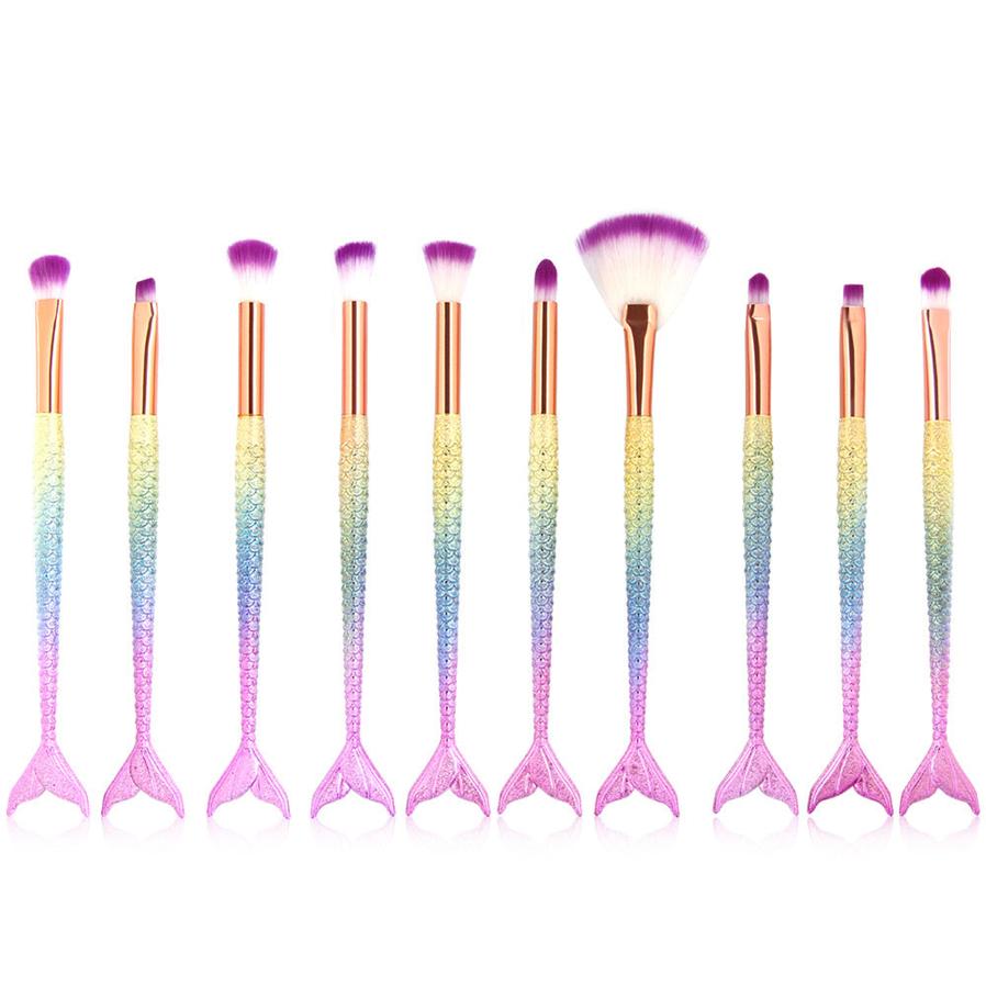 JMT-159754 Colorful Mermaid Makeup Brush Set with 10 Nylon Brushes for Eye Makeup