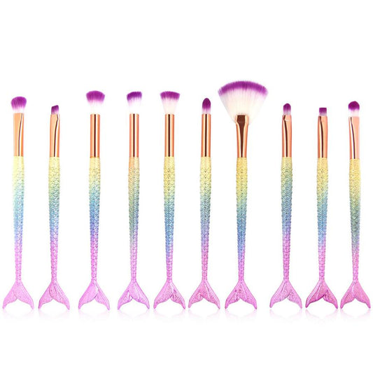 JMT-159754 Colorful Mermaid Makeup Brush Set with 10 Nylon Brushes for Eye Makeup