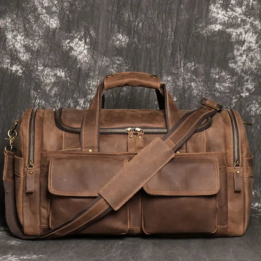 JMT-160010 Retro Crazy Horse Leather Portable Duffel Bag for Men - Waterproof Travel Bag in Brown, 45cm x 20cm x 25cm