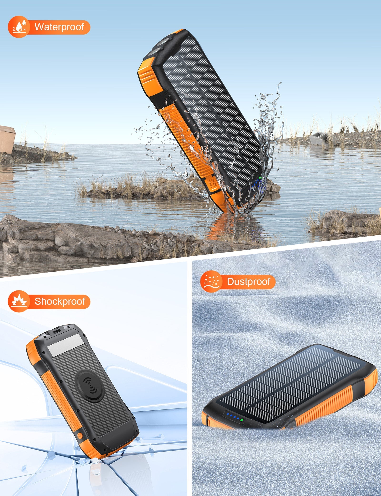 JMT-161802 20000mAh Solar Power Bank with IP67 Waterproof, High-speed Wireless Charging & Dual USB C Output