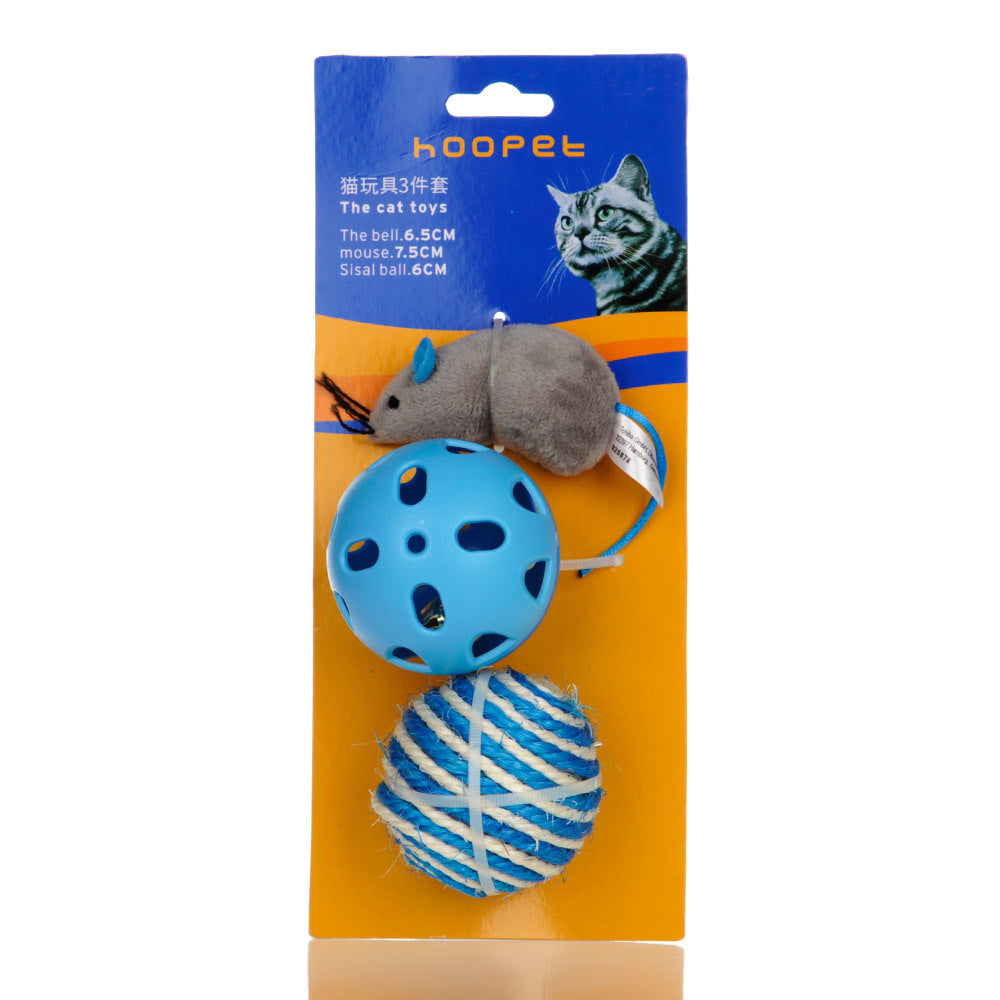 JMT-161930 Interactive Cat Toy Set with 3 Pieces: Molar-Resistant Sisal Mouse and Bell Ball