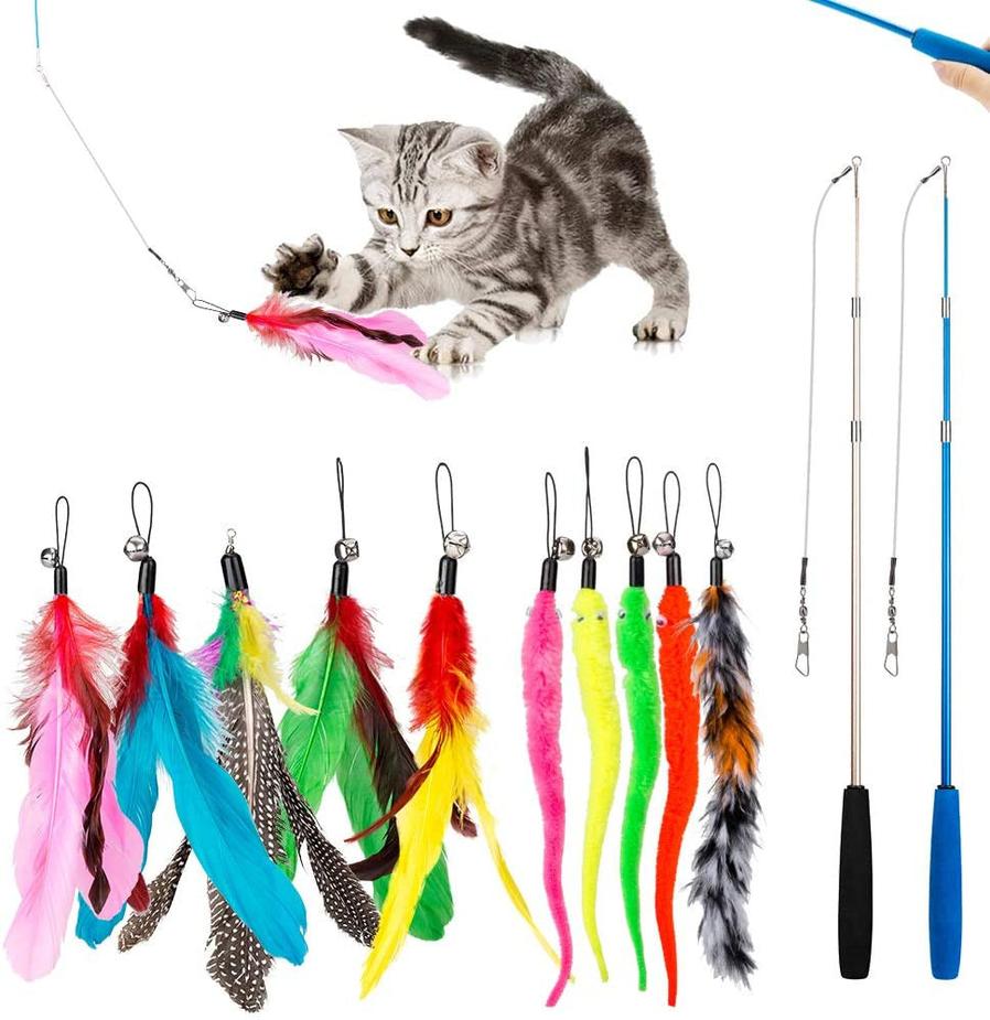 JMT-162762 Interactive Cat Toy with Feather Handheld Teaser and Changeable Heads, 10 Replacement Options Included