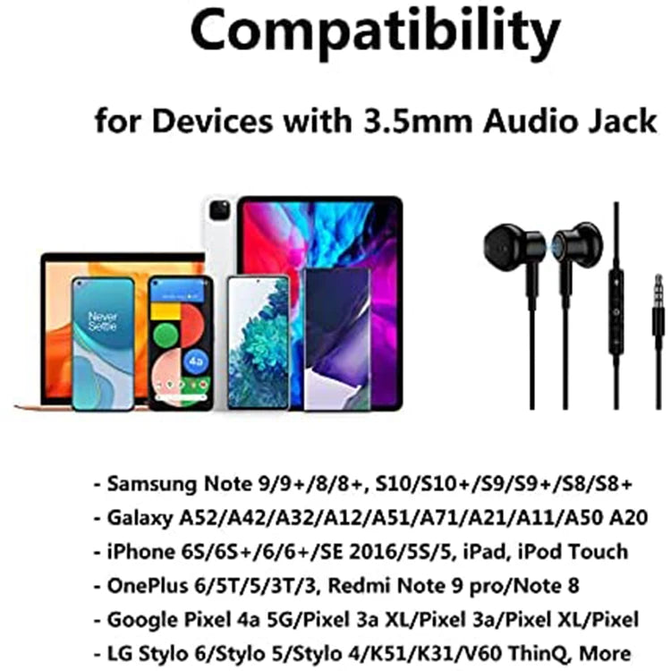 JMT-163594 3.5mm Wired In-Ear Headphones with Microphone and Volume Control for iPhone and Samsung