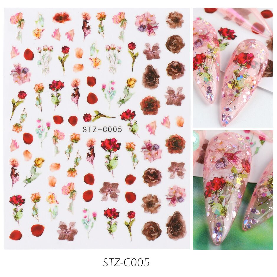 JMT-164234 Japanese Watercolor 3D Nail Stickers - Dried Flowers & Butterflies, 11 Styles