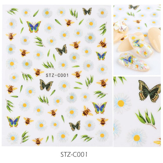 JMT-164234 Japanese Watercolor 3D Nail Stickers - Dried Flowers & Butterflies, 11 Styles
