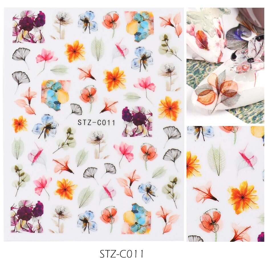 JMT-164234 Japanese Watercolor 3D Nail Stickers - Dried Flowers & Butterflies, 11 Styles