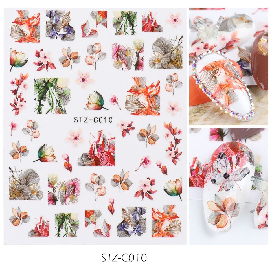 JMT-164234 Japanese Watercolor 3D Nail Stickers - Dried Flowers & Butterflies, 11 Styles