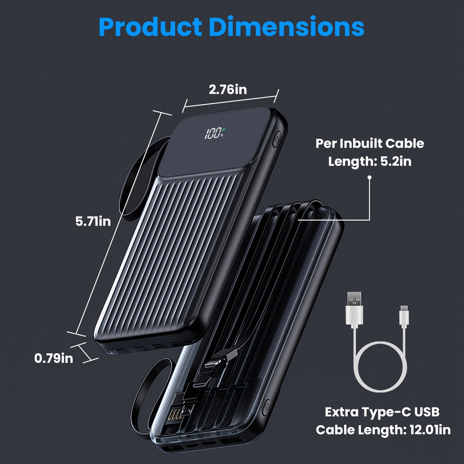 JMT-165258 20000mAh Fast Charging Power Bank with 4 Inbuilt Cables and Digital Display for iOS and Android Devices