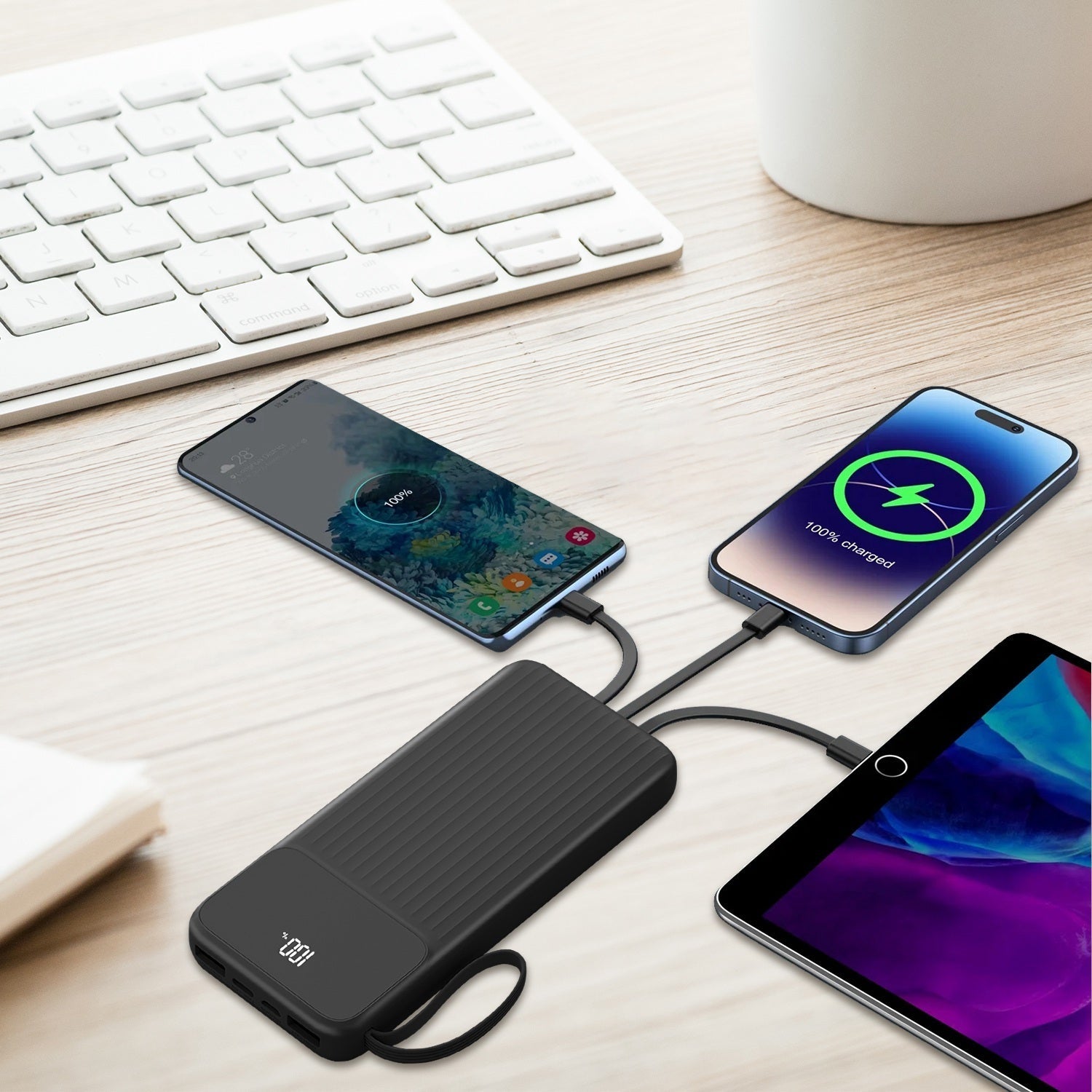 JMT-165258 20000mAh Fast Charging Power Bank with 4 Inbuilt Cables and Digital Display for iOS and Android Devices