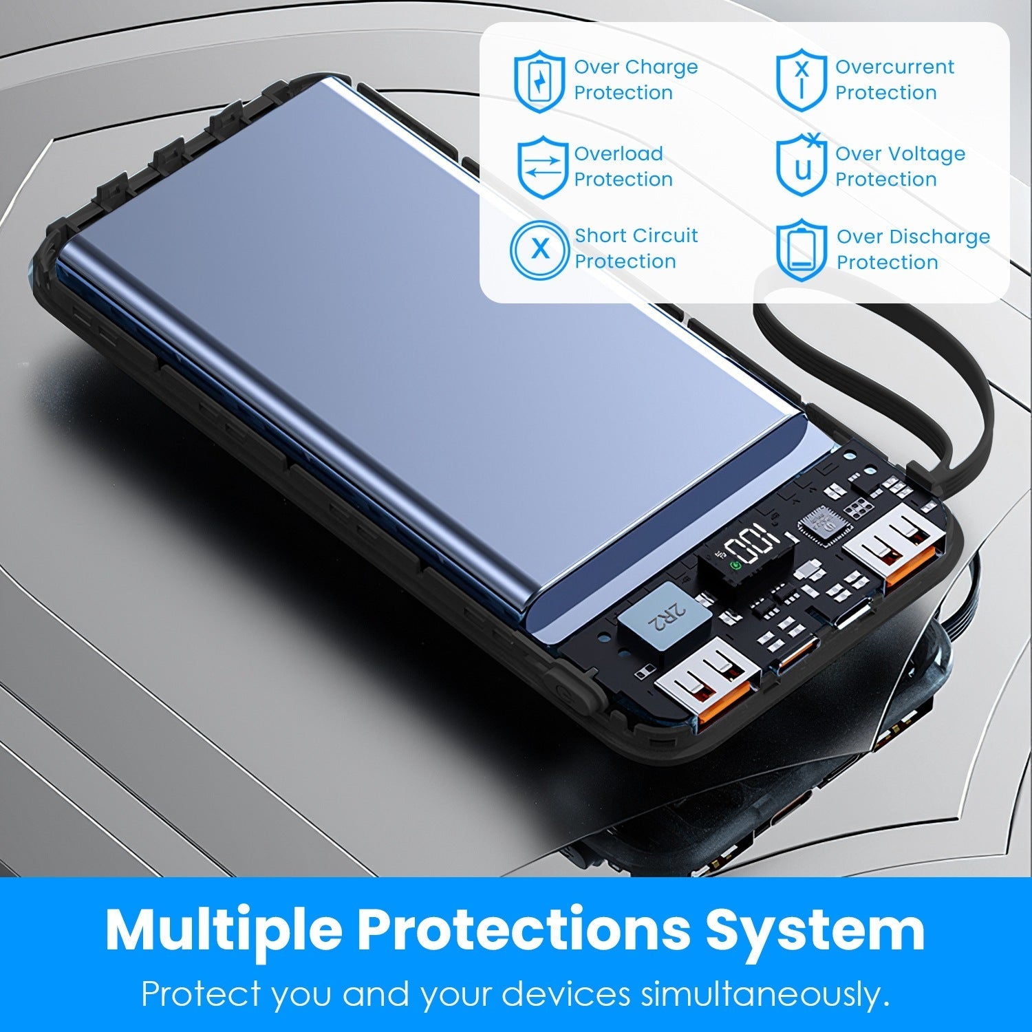 JMT-165258 20000mAh Fast Charging Power Bank with 4 Inbuilt Cables and Digital Display for iOS and Android Devices