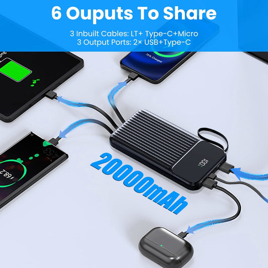 JMT-165258 20000mAh Fast Charging Power Bank with 4 Inbuilt Cables and Digital Display for iOS and Android Devices
