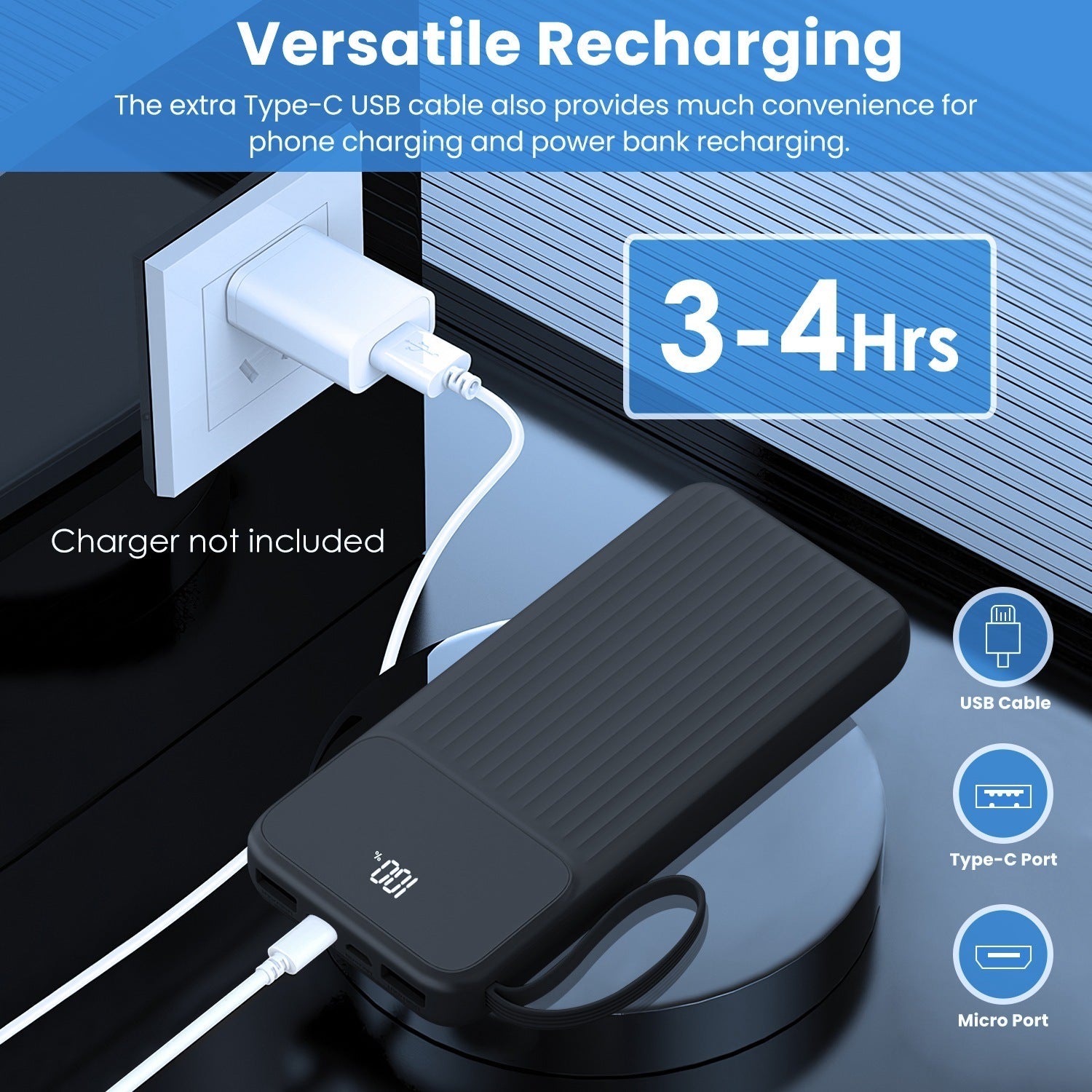 JMT-165258 20000mAh Fast Charging Power Bank with 4 Inbuilt Cables and Digital Display for iOS and Android Devices