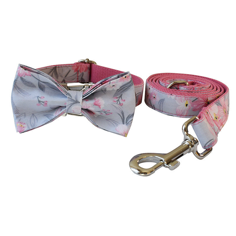 JMT-165578 Ink Painting Cotton Dog Collar and Leash Set with Bow Accessory