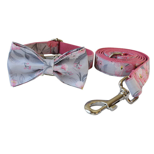 JMT-165578 Ink Painting Cotton Dog Collar and Leash Set with Bow Accessory