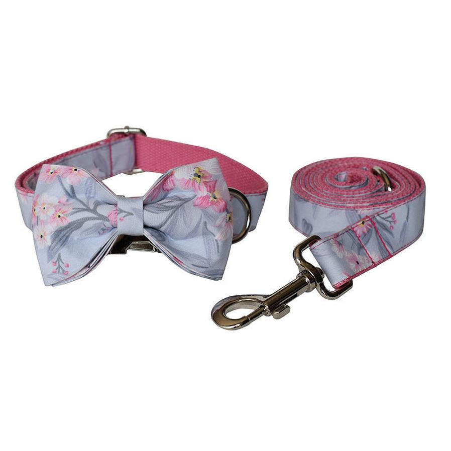 JMT-165578 Ink Painting Cotton Dog Collar and Leash Set with Bow Accessory