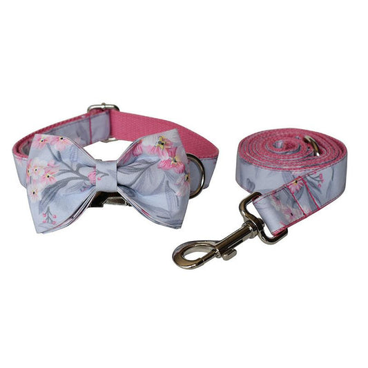 JMT-165578 Ink Painting Cotton Dog Collar and Leash Set with Bow Accessory
