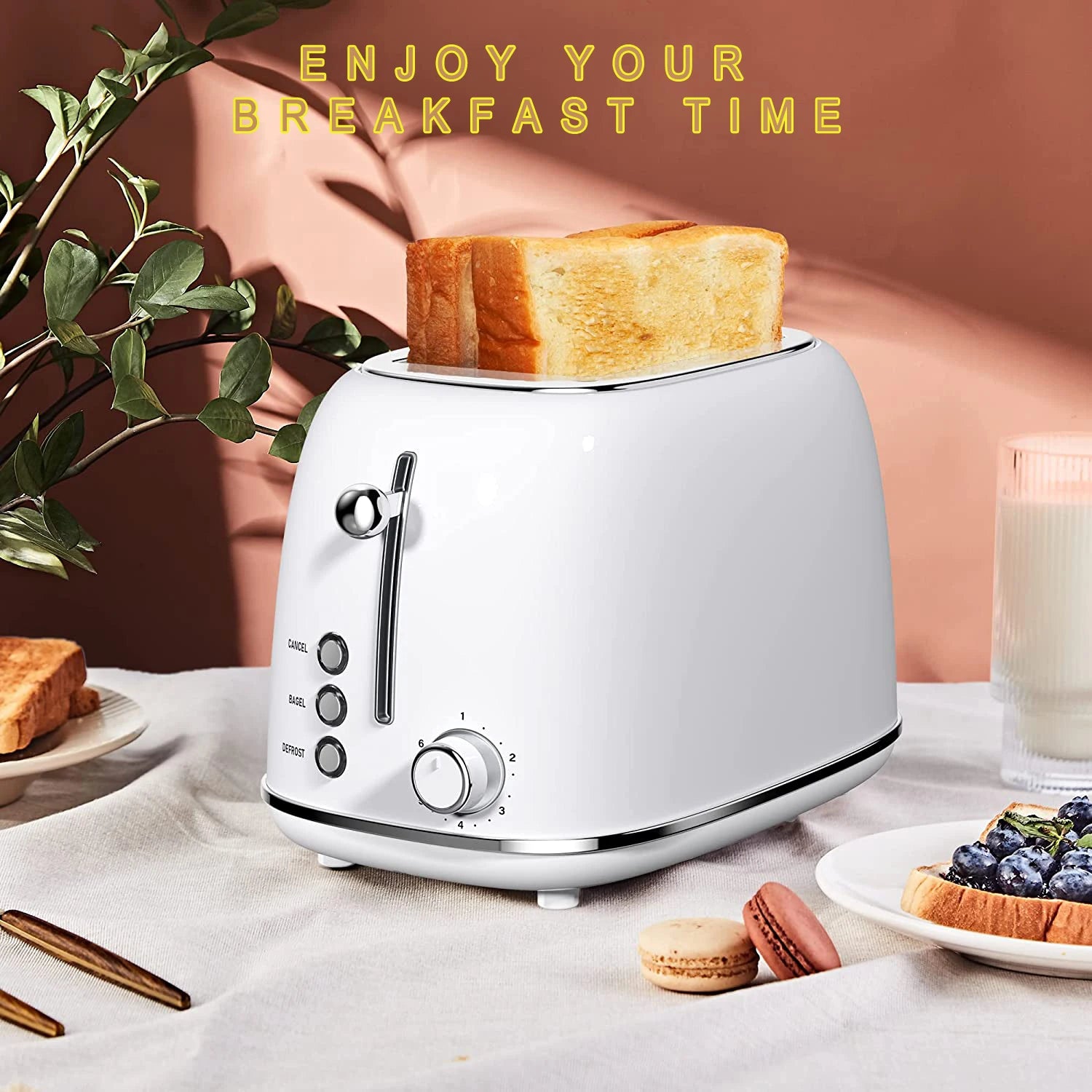 JMT-165898 Stainless Steel Retro 2-Slice Toaster with Defrost and Reheat Functions