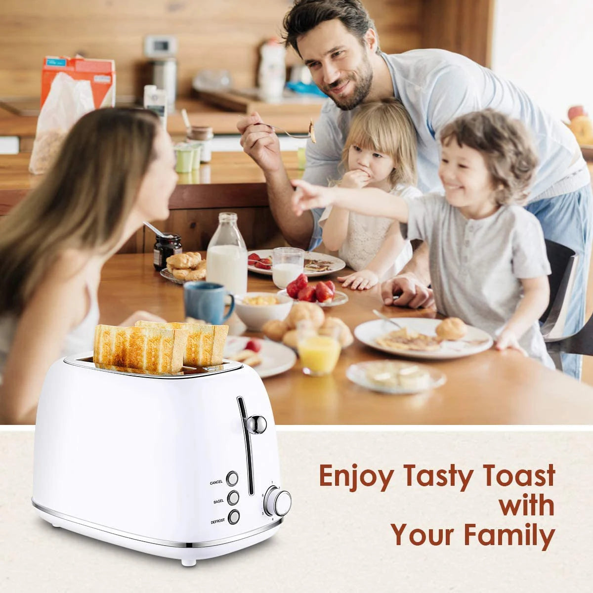 JMT-165898 Stainless Steel Retro 2-Slice Toaster with Defrost and Reheat Functions
