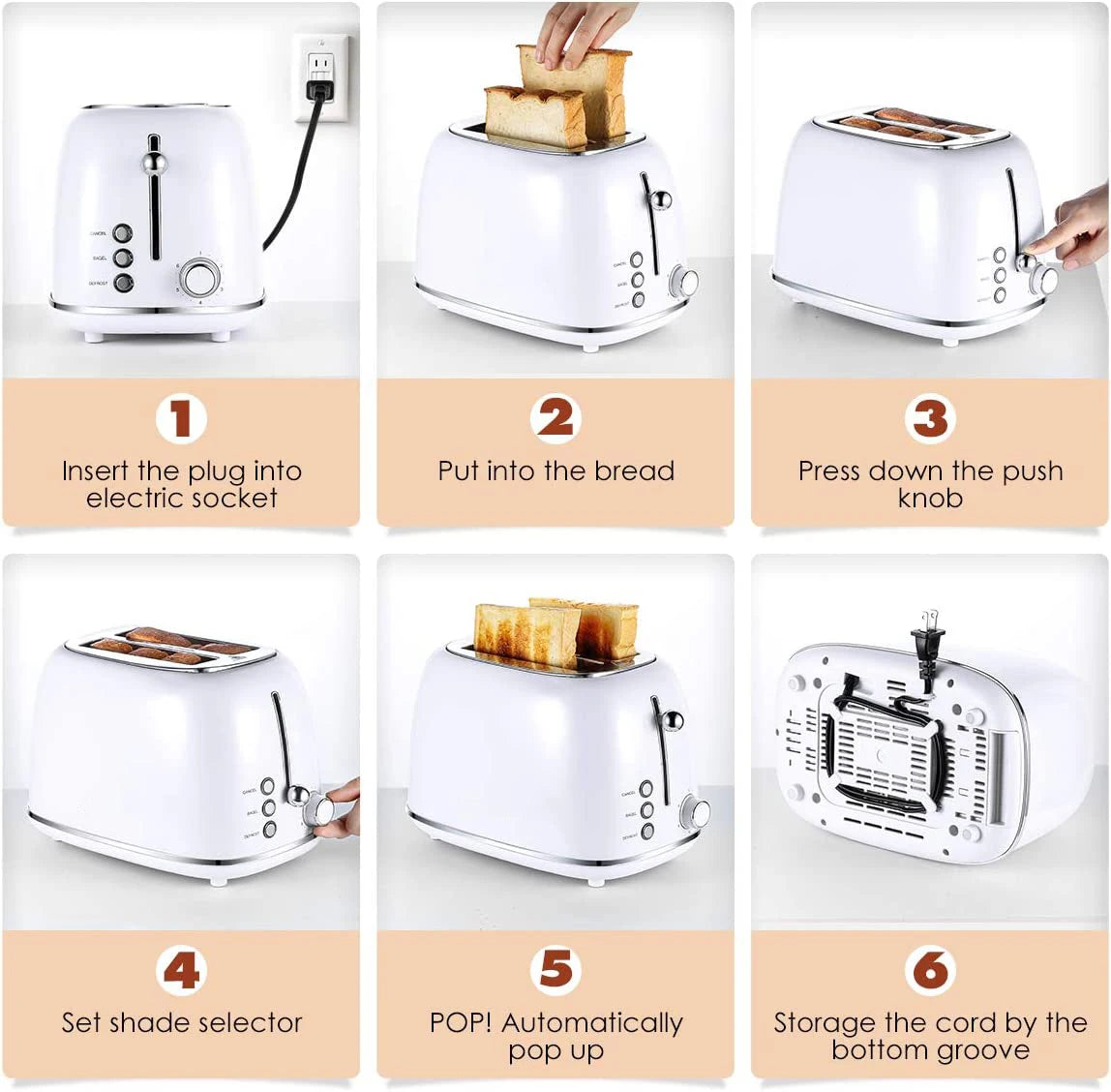 JMT-165898 Stainless Steel Retro 2-Slice Toaster with Defrost and Reheat Functions