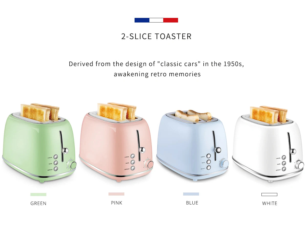 JMT-165898 Stainless Steel Retro 2-Slice Toaster with Defrost and Reheat Functions