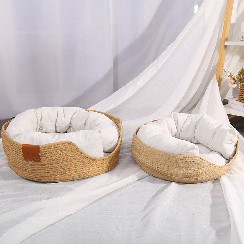 JMT-167690 Cozy Hand-Woven Rattan Cat Nest with Scratching Board for All Seasons