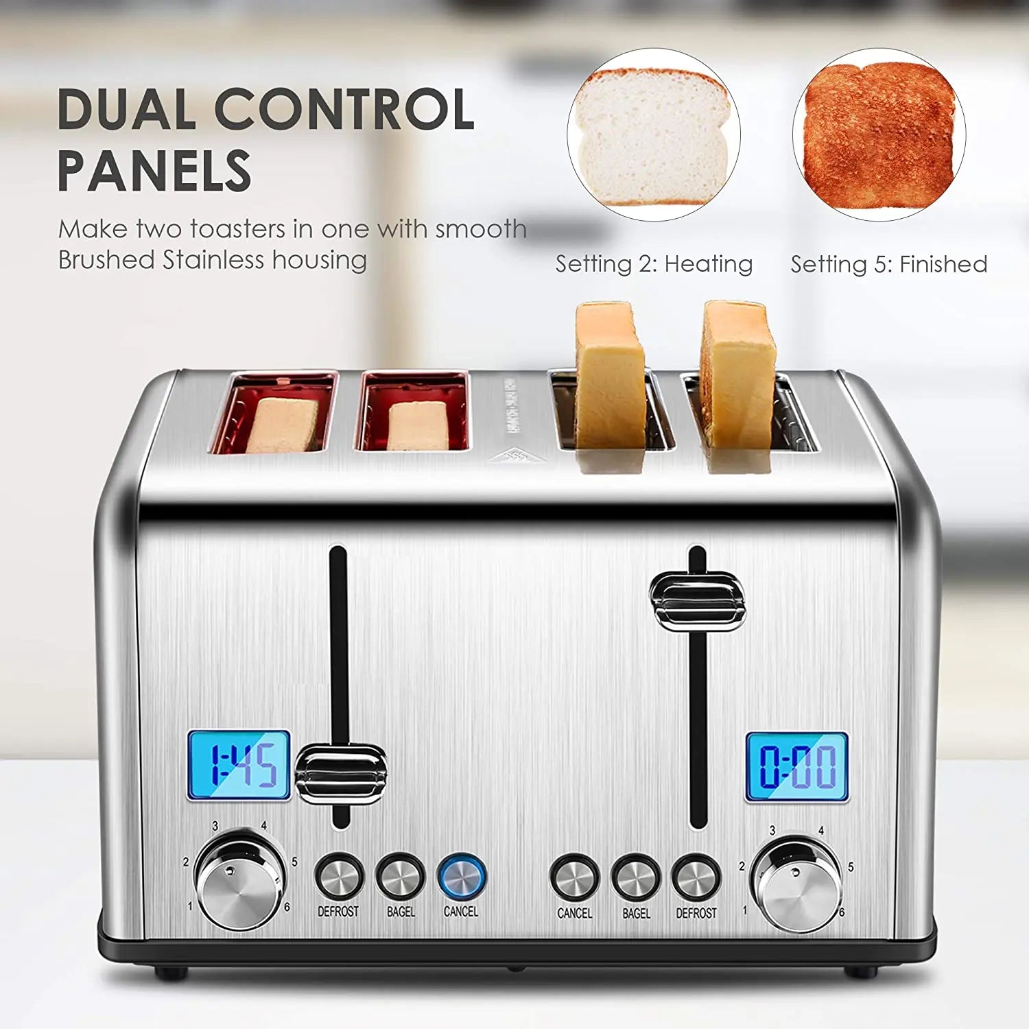 JMT-168330 Digital LED Display 4-Slice Stainless Steel Toaster with Smart Features