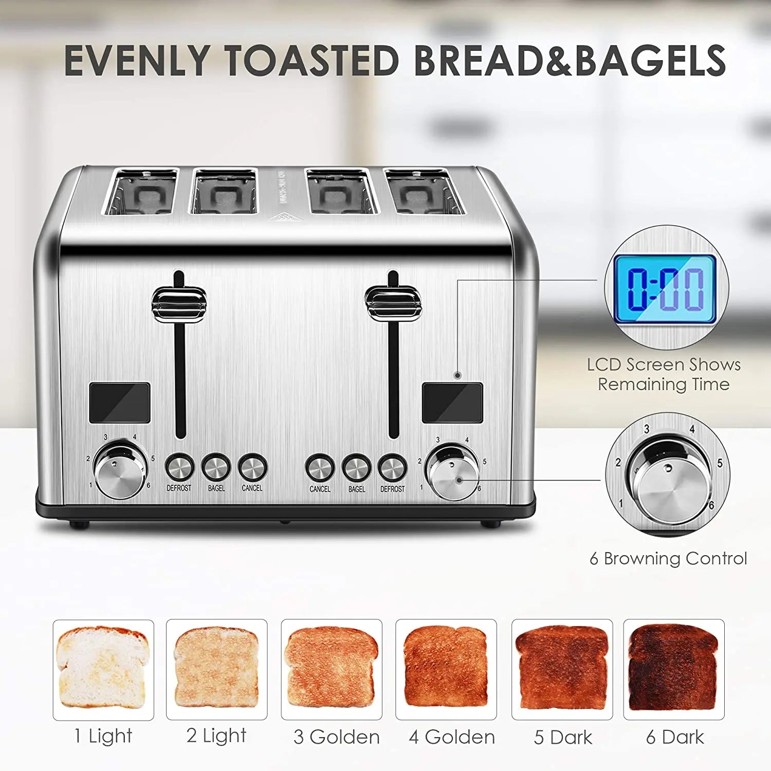 JMT-168330 Digital LED Display 4-Slice Stainless Steel Toaster with Smart Features