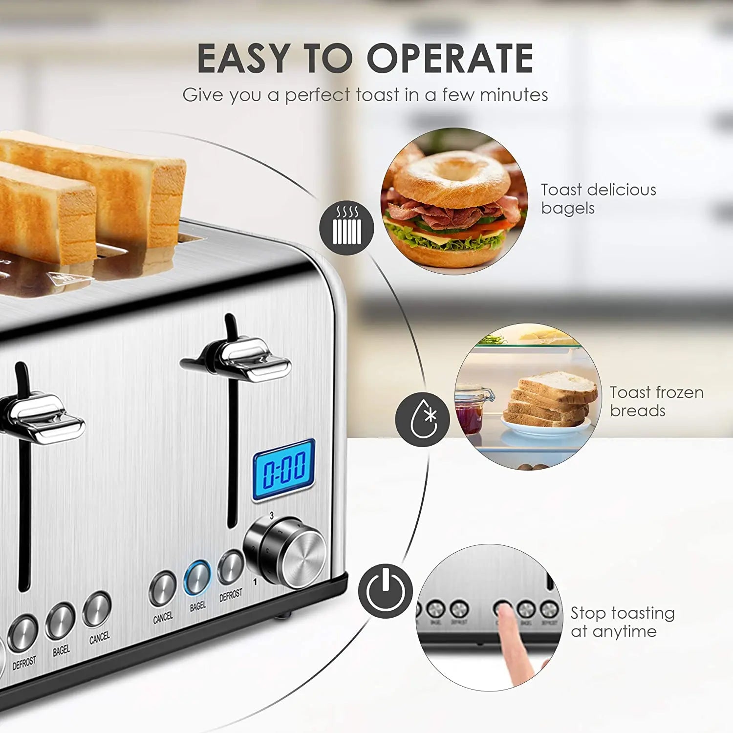 JMT-168330 Digital LED Display 4-Slice Stainless Steel Toaster with Smart Features