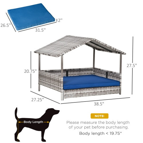 JMT-169994 Rattan Dog House with Canopy and Waterproof Bed for Small to Medium Dogs, Blue