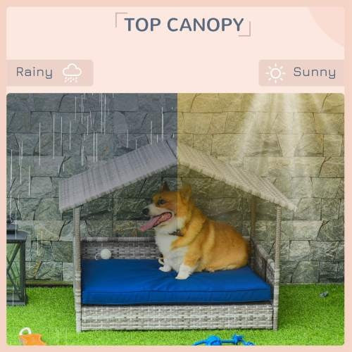 JMT-169994 Rattan Dog House with Canopy and Waterproof Bed for Small to Medium Dogs, Blue