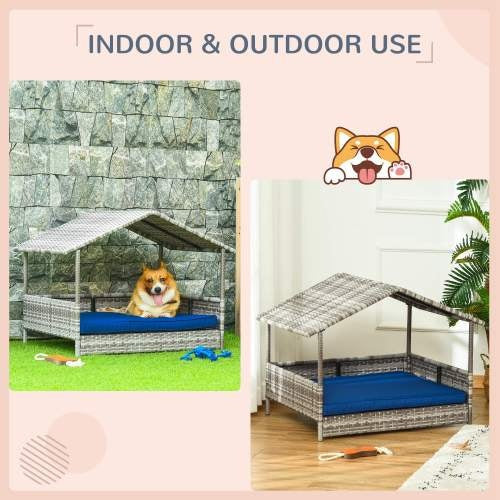 JMT-169994 Rattan Dog House with Canopy and Waterproof Bed for Small to Medium Dogs, Blue