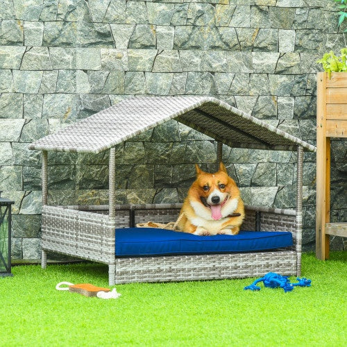 JMT-169994 Rattan Dog House with Canopy and Waterproof Bed for Small to Medium Dogs, Blue