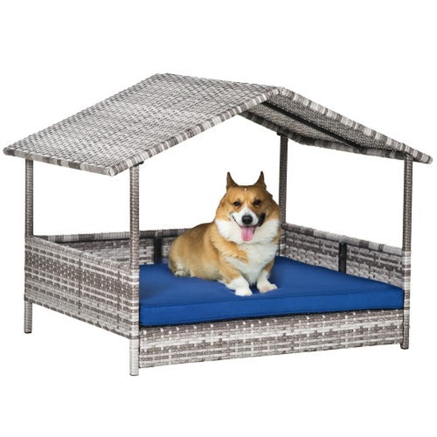 JMT-169994 Rattan Dog House with Canopy and Waterproof Bed for Small to Medium Dogs, Blue