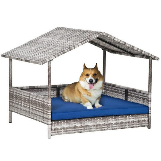 JMT-169994 Rattan Dog House with Canopy and Waterproof Bed for Small to Medium Dogs, Blue